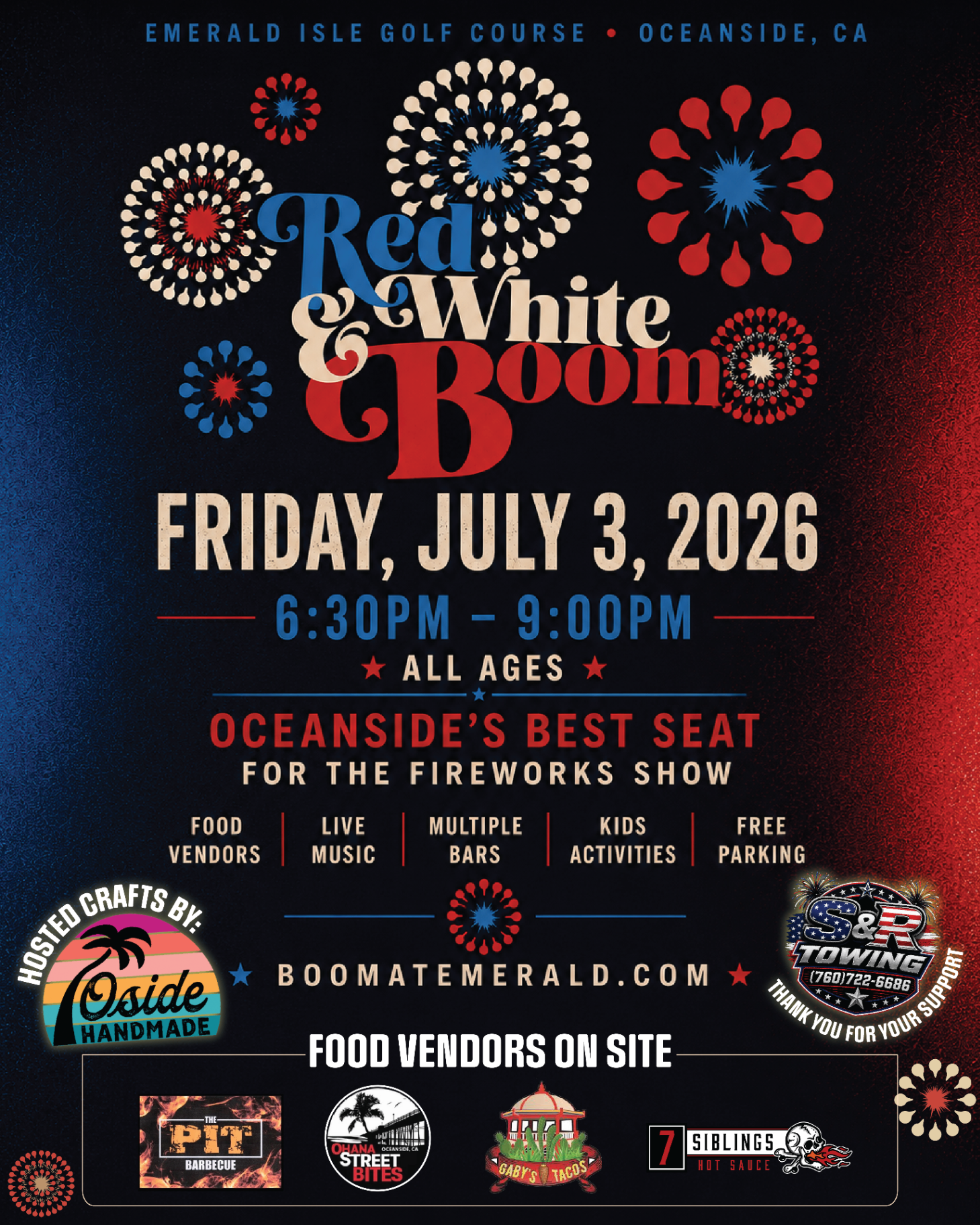 Red White & Boom 2026 Event Flyer — Friday, July 3 at Emerald Isle Golf Course